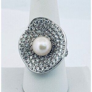 Estate Sterling Silver 925 Pearl & White Topaz Floral Ring Size 9 10.0g Stunning